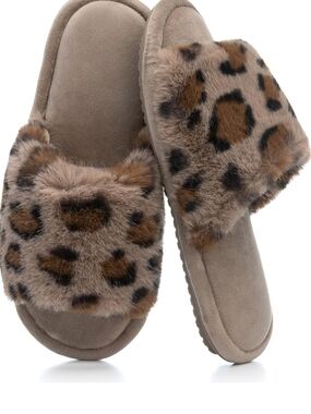 Leopard Faux-Fur Slide Slippers - Taupe